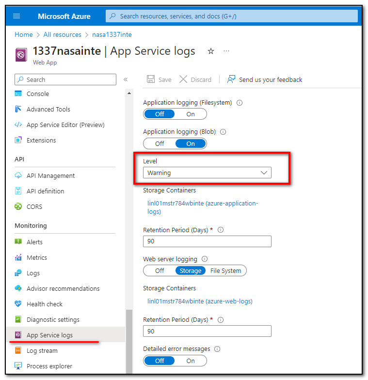 Azure portal, app service logs