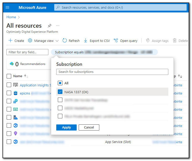 Azure portal, all resources