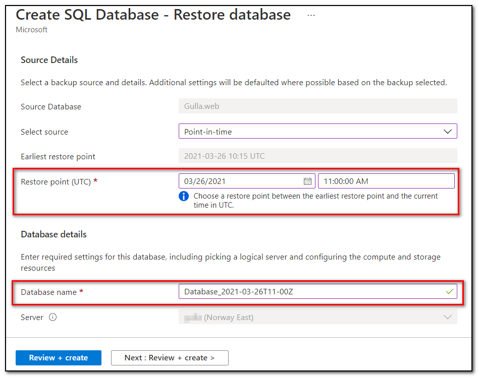 Screenshot from the Azure portal with, restore point and database name highlighted.