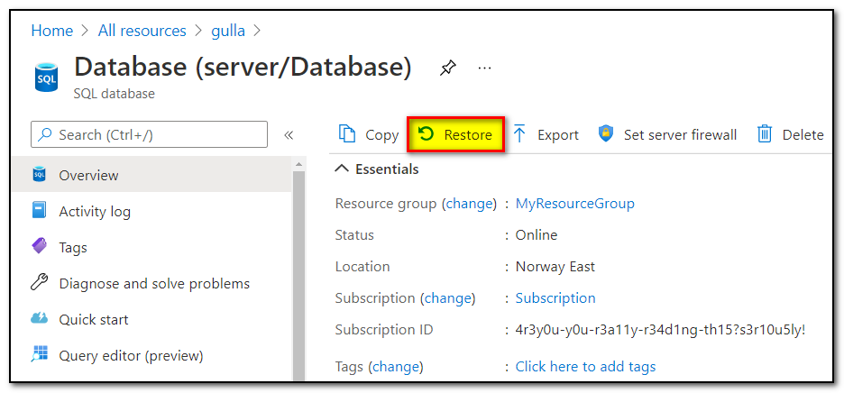 Screenshot from the Azure portal with link for restoring a database.