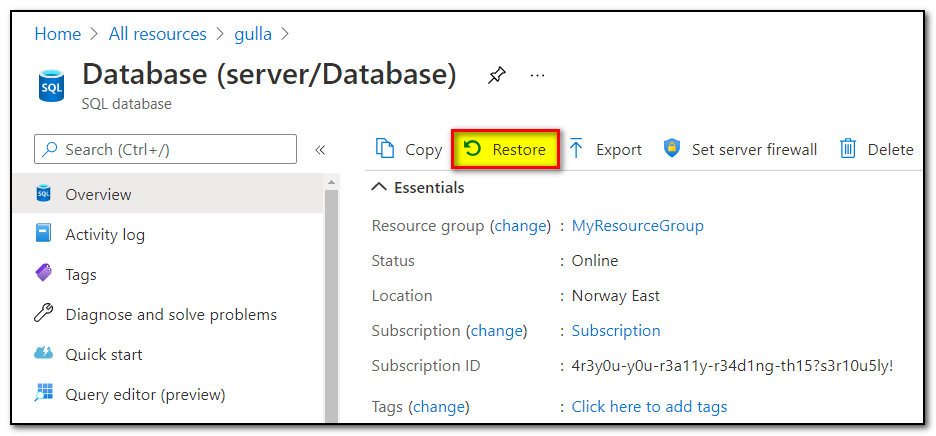 Skjermbilde fra Azure portalen som viser valget fore å restore en database.