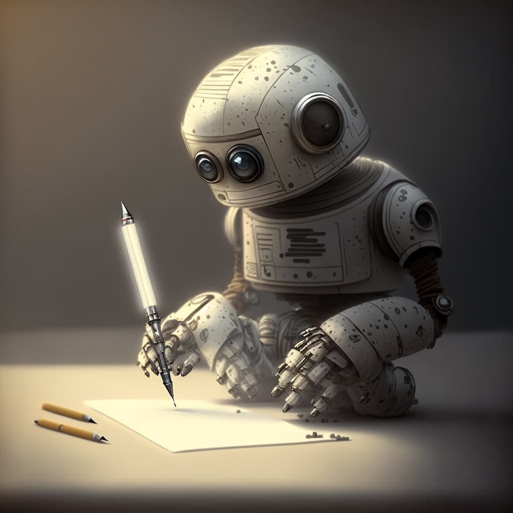 A robot with a pencil and a paper