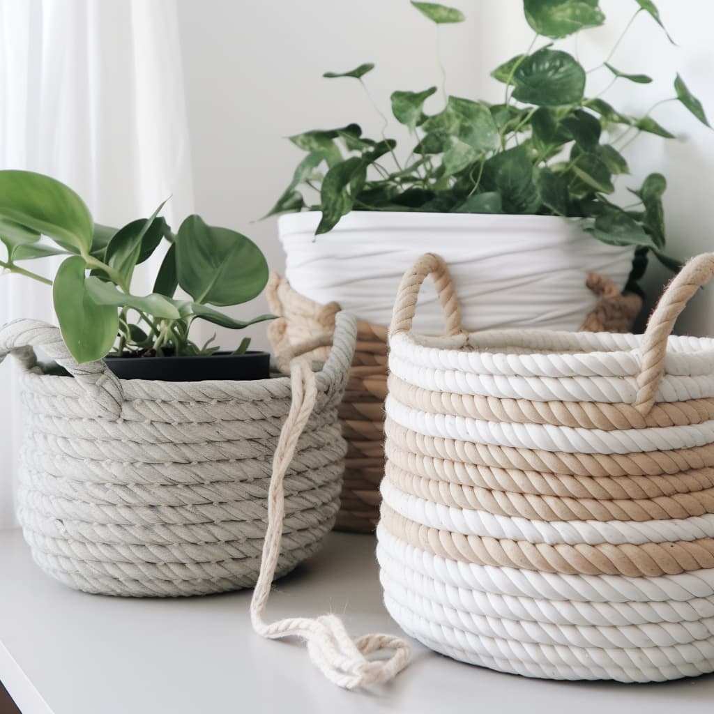 A couple of baskets with plants in them