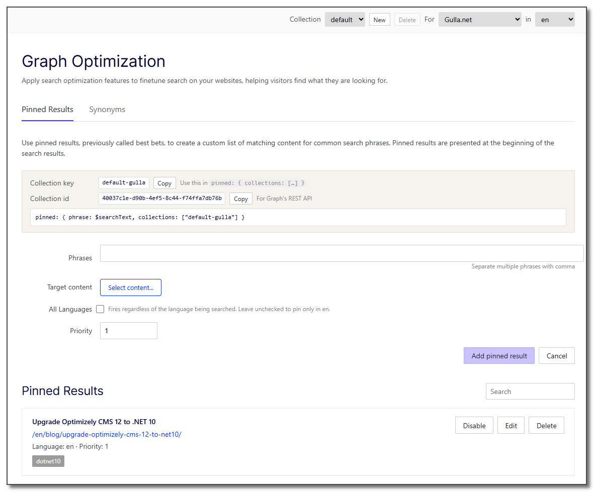UI for Pinned Results