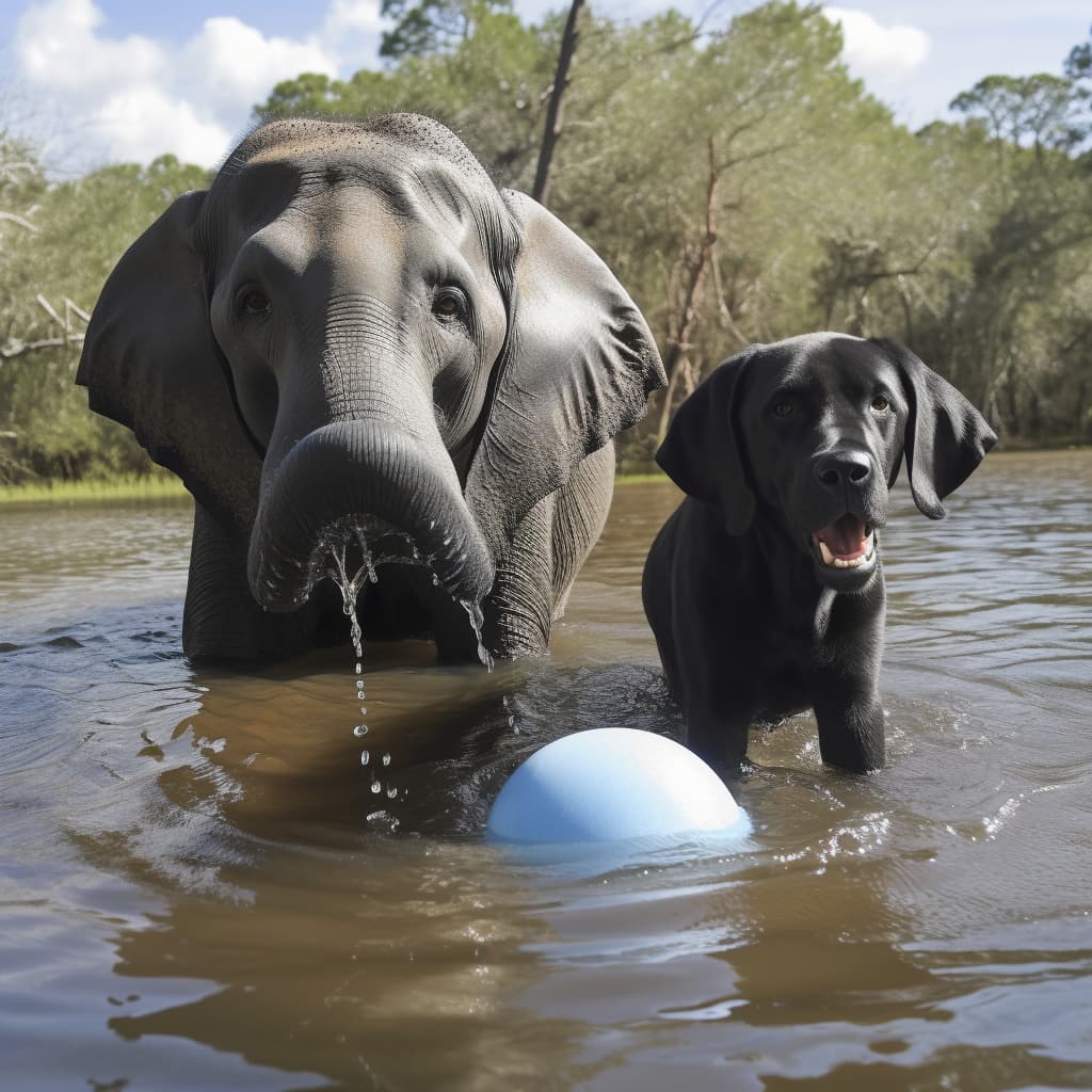 En elefant og en hund som leker i vann
