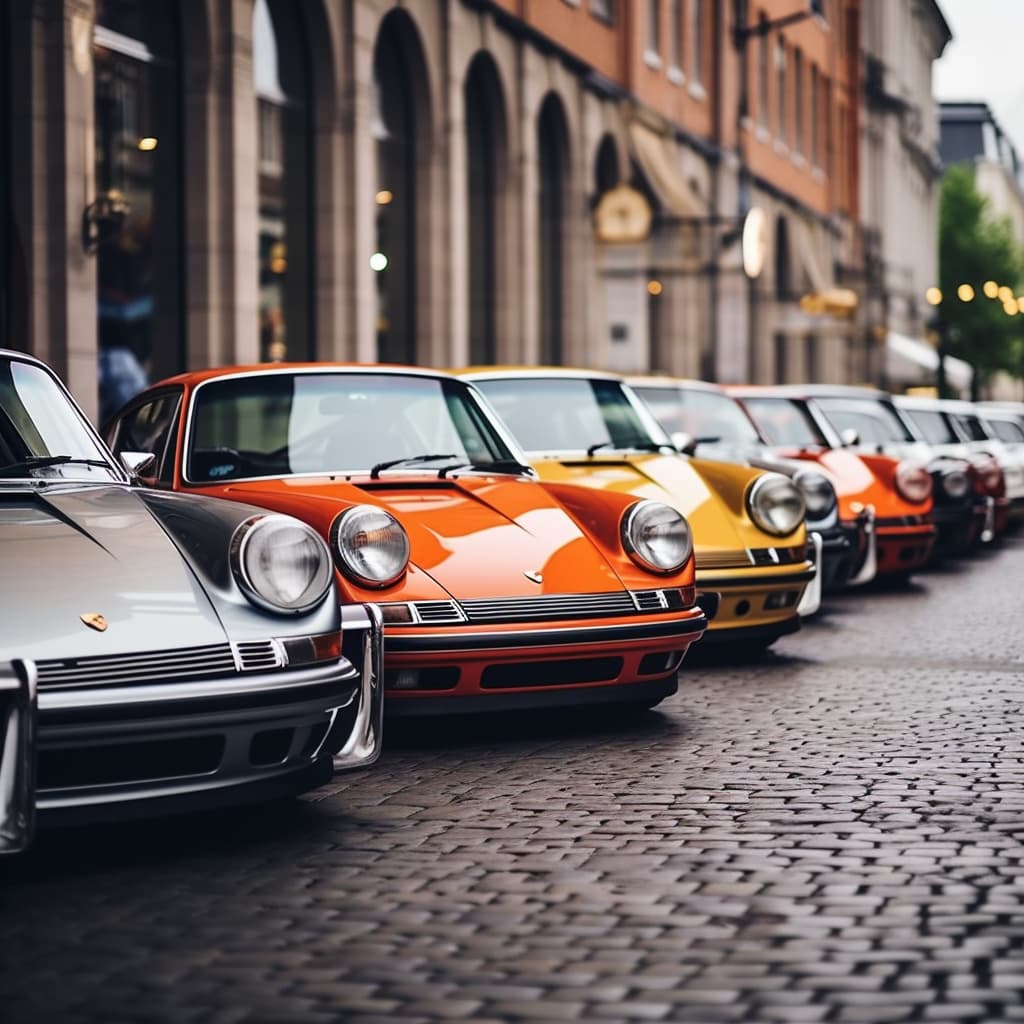 A row of cars parked on a brick road