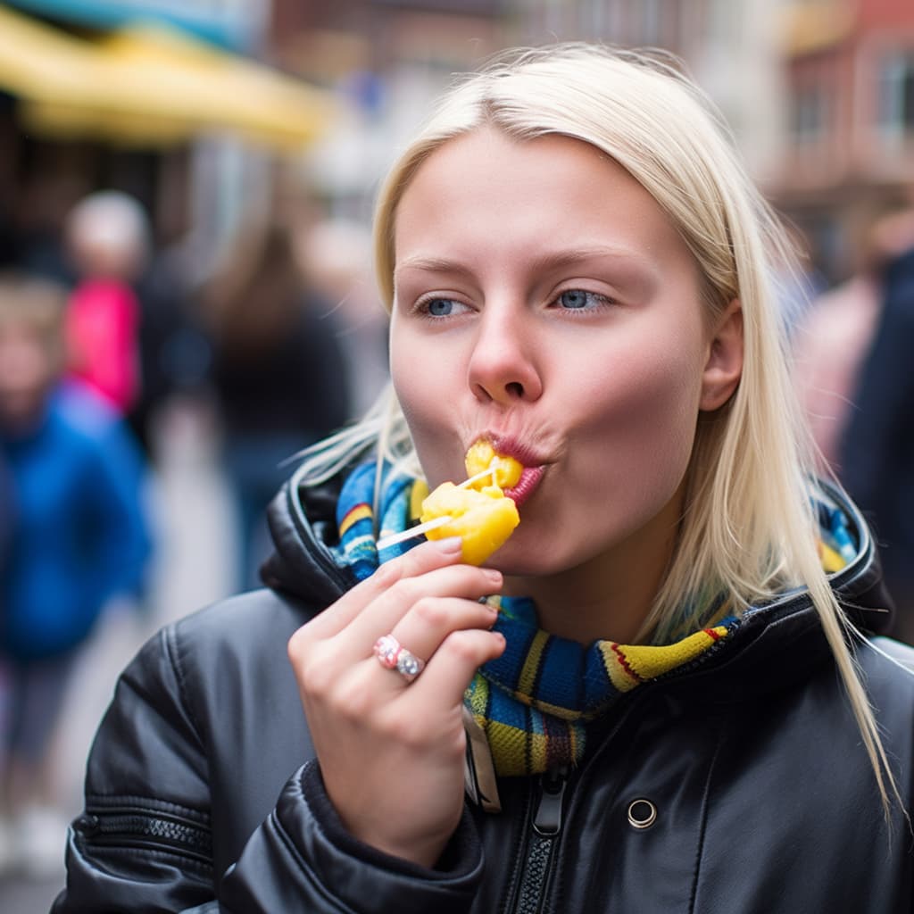 A person eating a yellow object