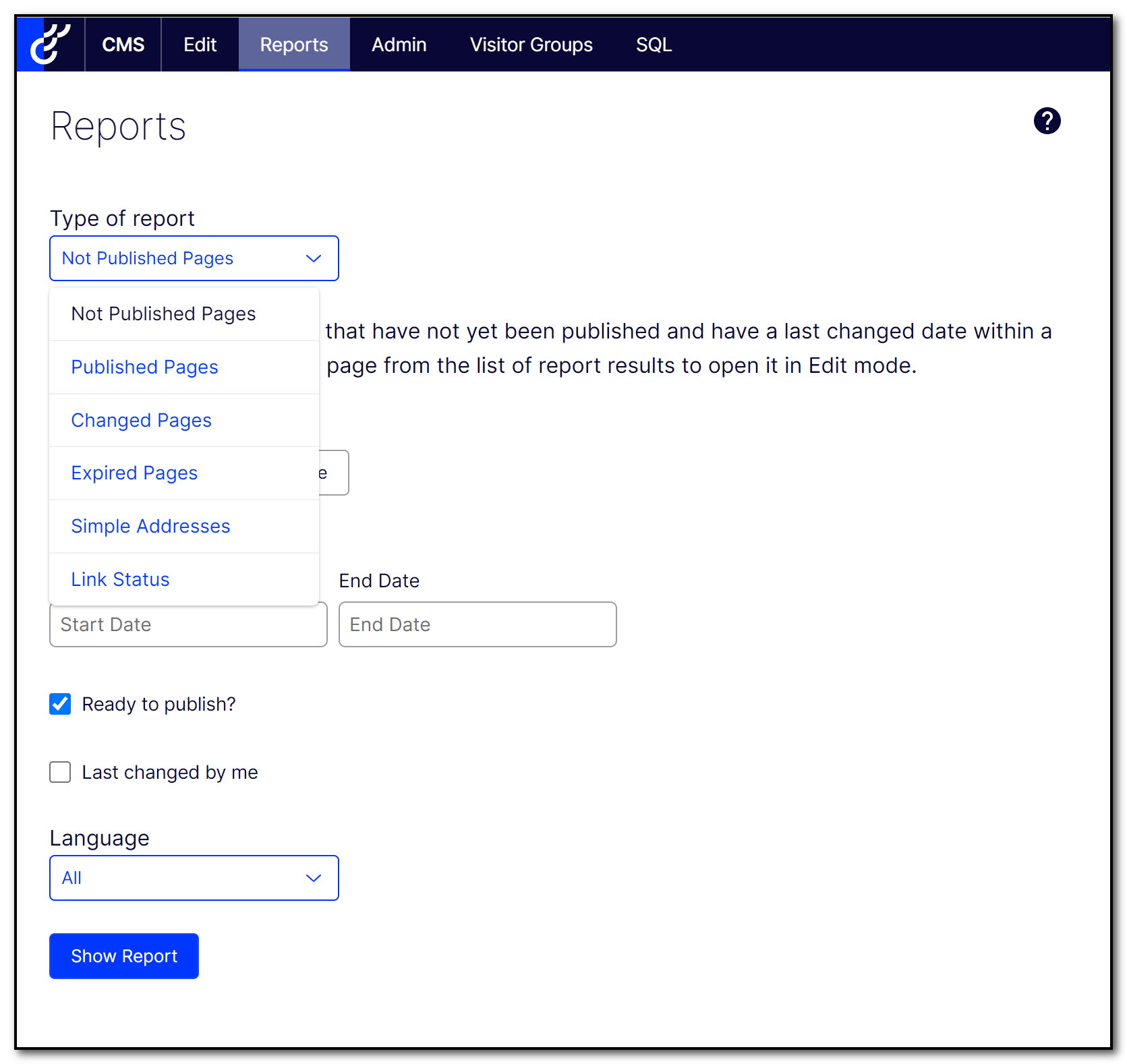 Screenshot of the Report Center in Optimizely CMS 12
