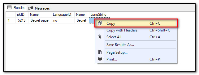 Skjermbilde av hvordan man kopierer en verdi fra SQL Management Studio