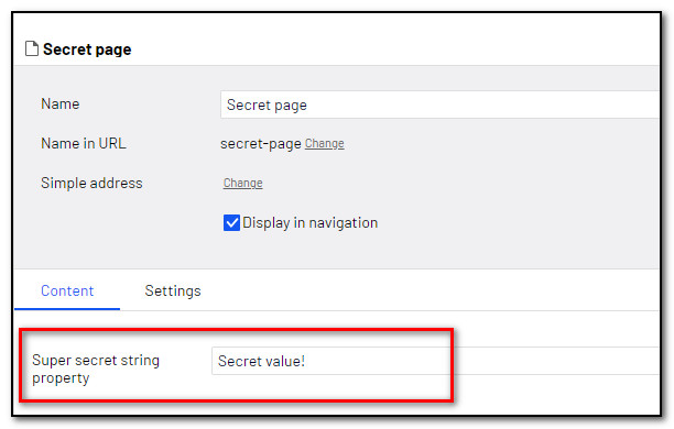Screenshot that shows a property of the type SuperSecretString in Episerver edit mode.