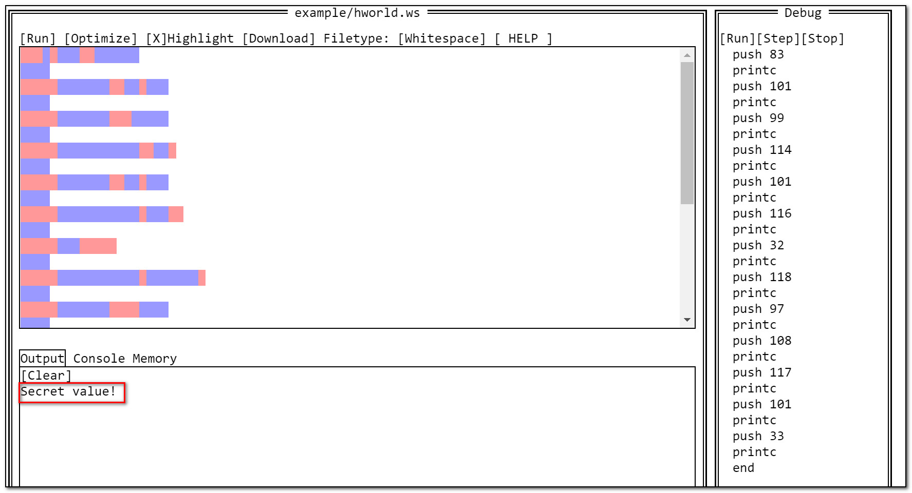 Screenshot of a Whitespace interpreter showing Whitespace code with syntax highlighting.