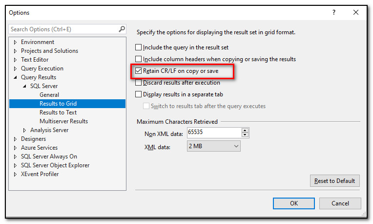 Screenshot of settings in SQL Management Studio for presering linedfeeds when values are copied.