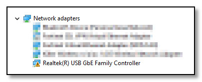 Windows device manager showing: Realtek(R) USB GbE Family Controller