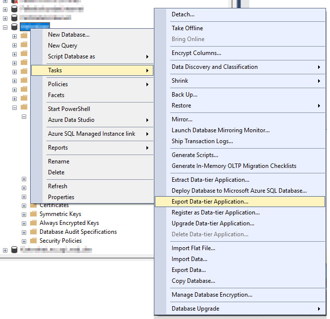 Export Data-tier Application...