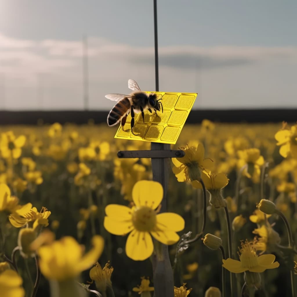 A bee flying over a field of yellow flowers