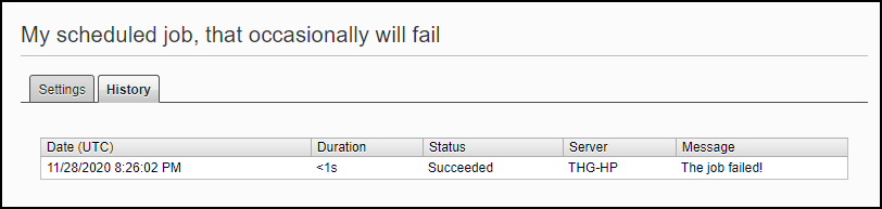 Screenshot from Epsierver admin mode showing a job that have run once, with status succeeded, even if the message says the job failed.