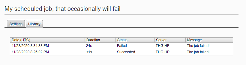 Skjermbilde fra Episerver admin mode som viser at jobben nå får status feilet.