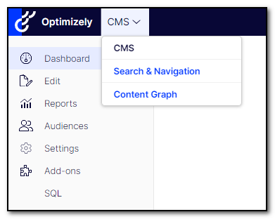 The new Optimizely CMS menu tabs, with CMS expanded