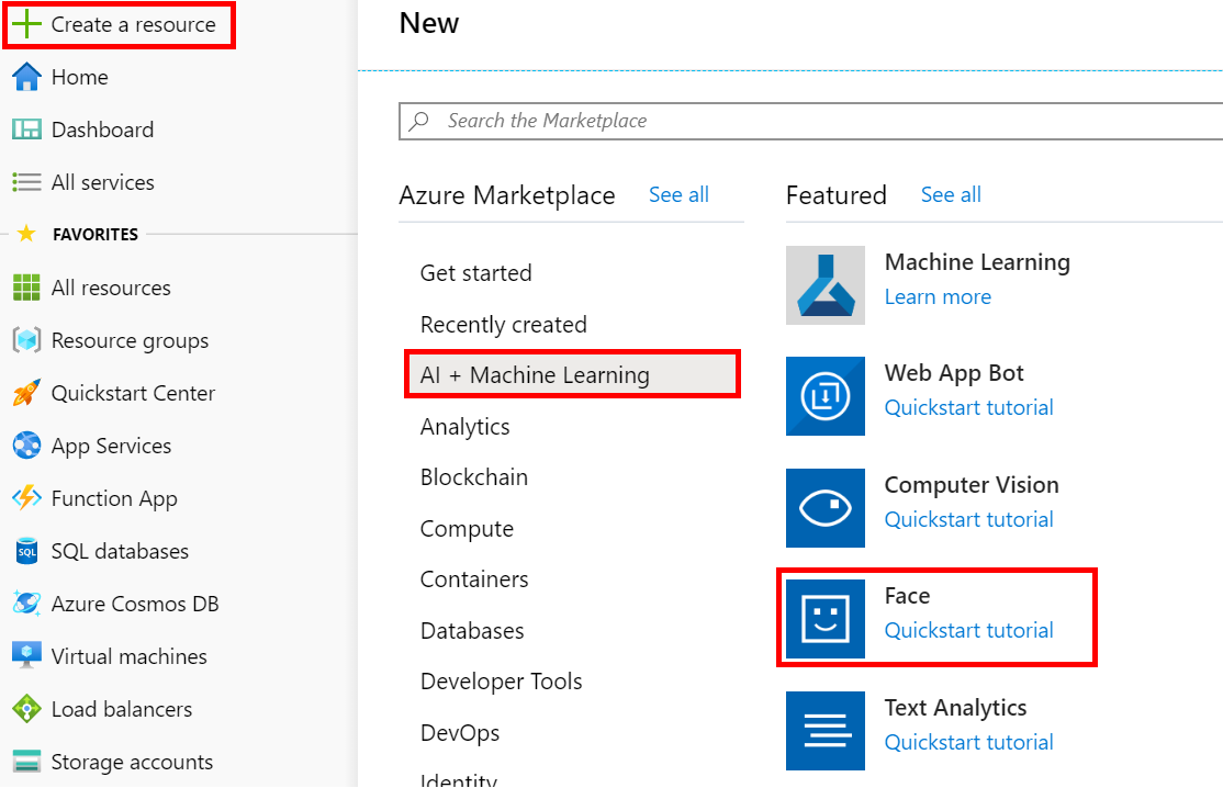 Creating an Azure Machine Learning Face resource