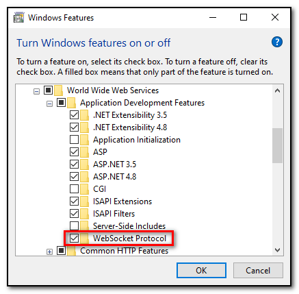 The dialog for «Turn Windows features on or off» with the option «WebSocket Protocol» highlighted.