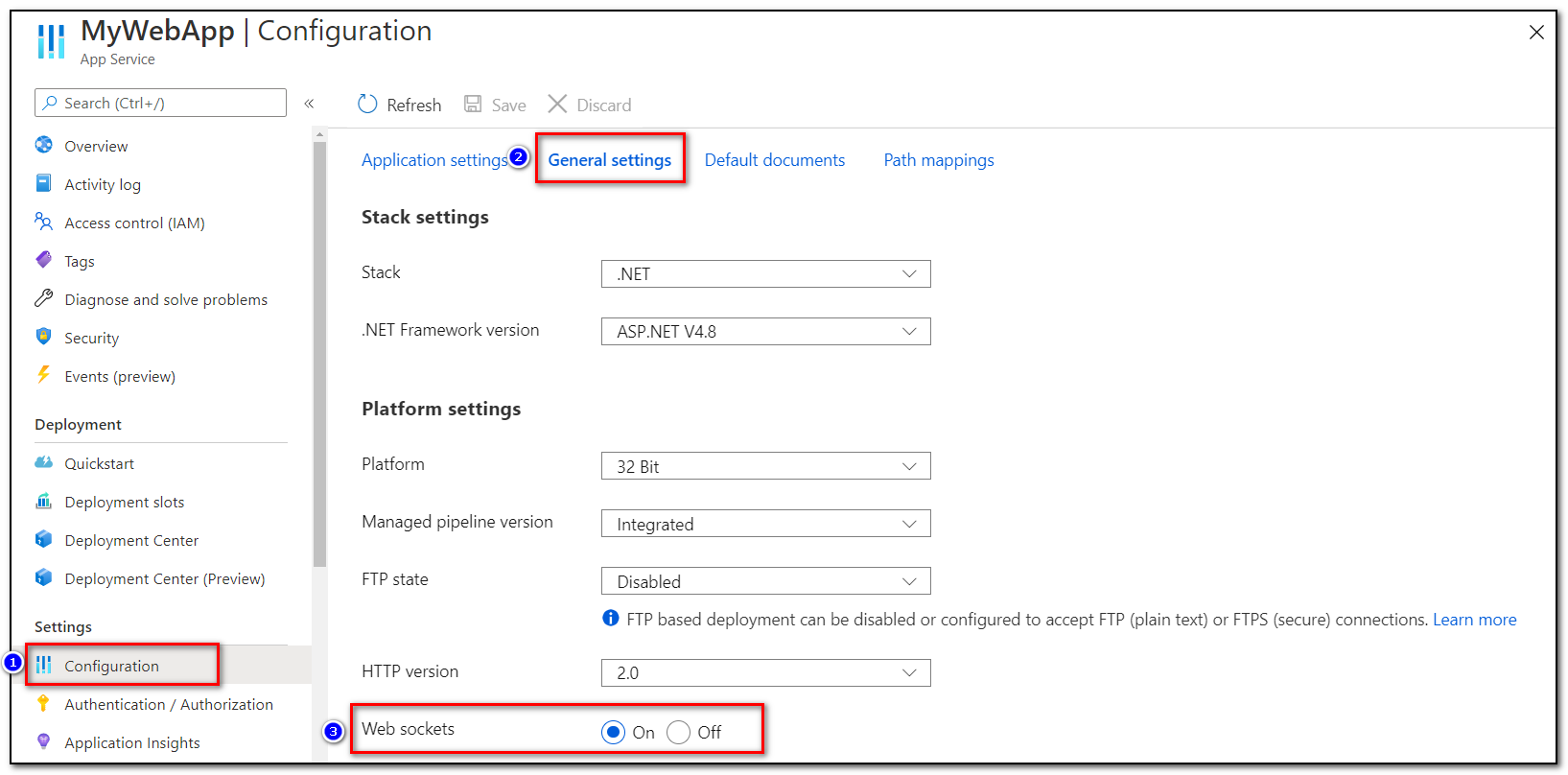 WebApp configuration in the Azure portal, showing how to enable web sockets.