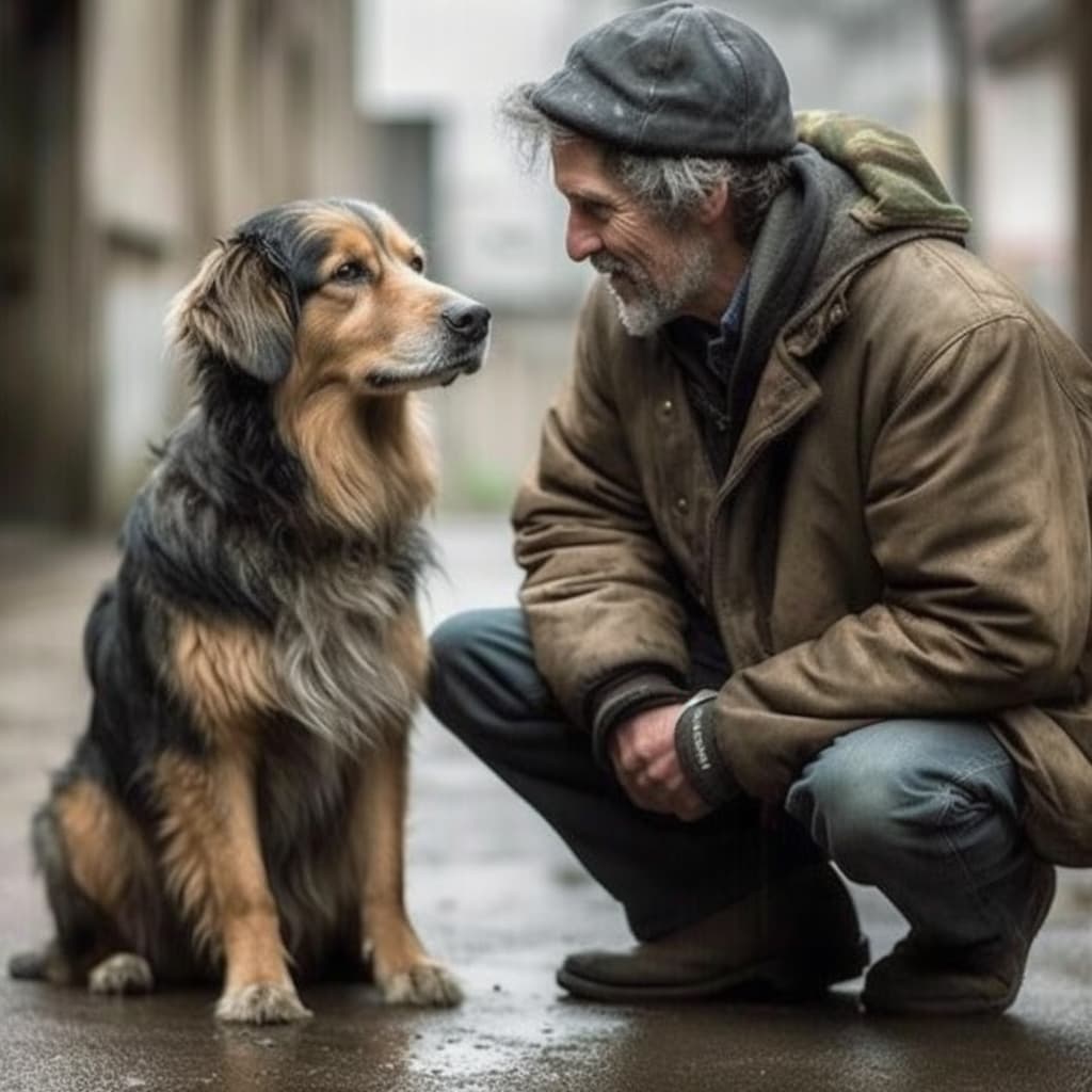 A man kneeling down next to a dog