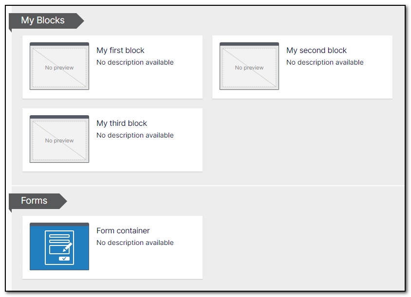 Block, with Form container in its default group: Forms