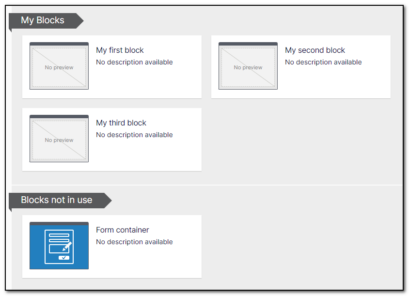 Block, with Form container in its default group renamed to: Blocks not in use