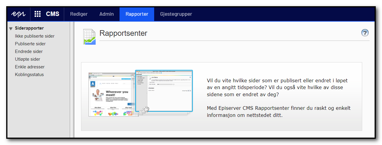 Rapportsenteret i Optimizely CMS