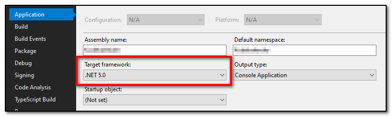 Project properties in Visual Studio showing target framework as .NET 5.