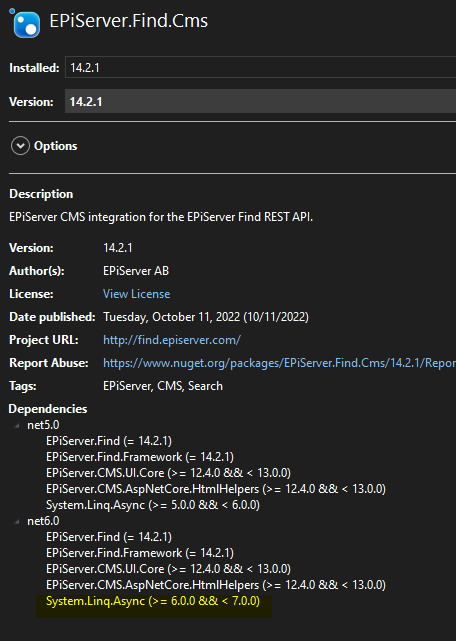 Episerver.Find.Cms has a reference to System.Linq.Async 6.0.0–7.0.0