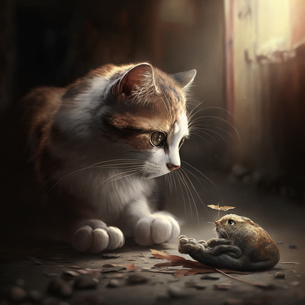 A cat looking at a mouse