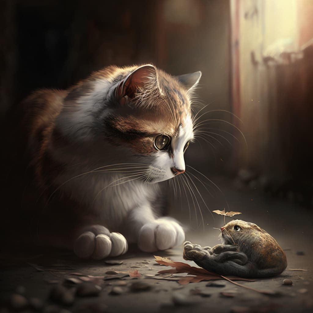 A cat looking at a mouse