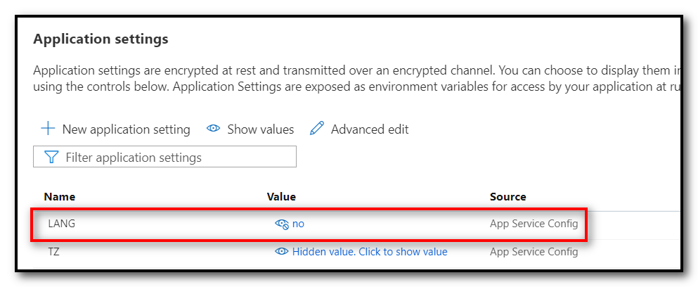 Skjermbilde fra application settings i Azure, som viser innstillingen LANG.