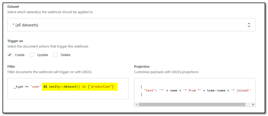 Graphical user interface for Sanity webhook with dataset filtering