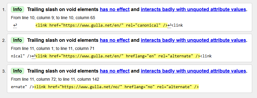 Trailing slash on void elements has no effect and interacts badly with unquoted attribute values.