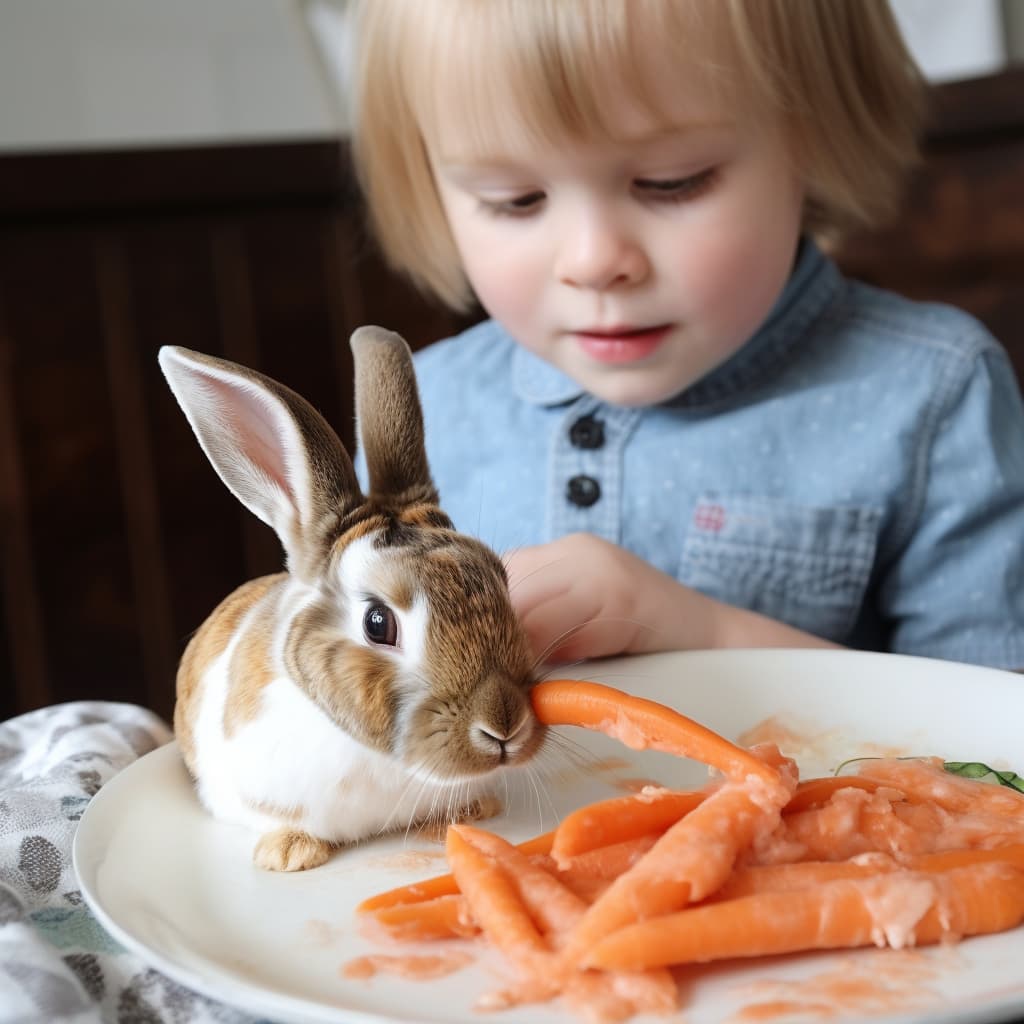 A little girl is feeding a bunny