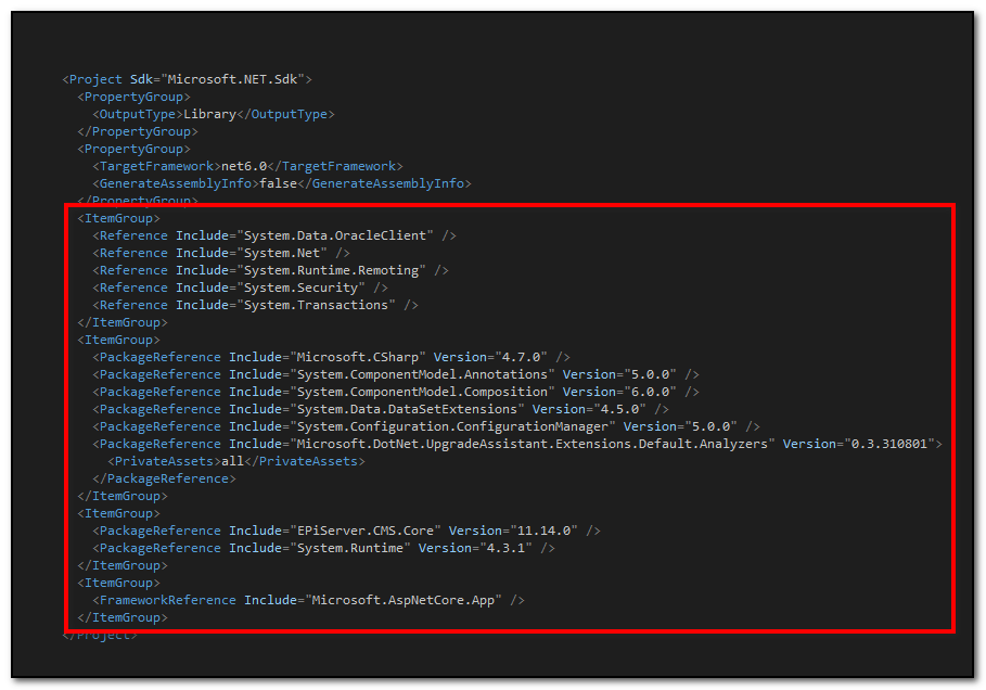 A screenshot of a project file showing all elements of type ItemGroup can be deleted