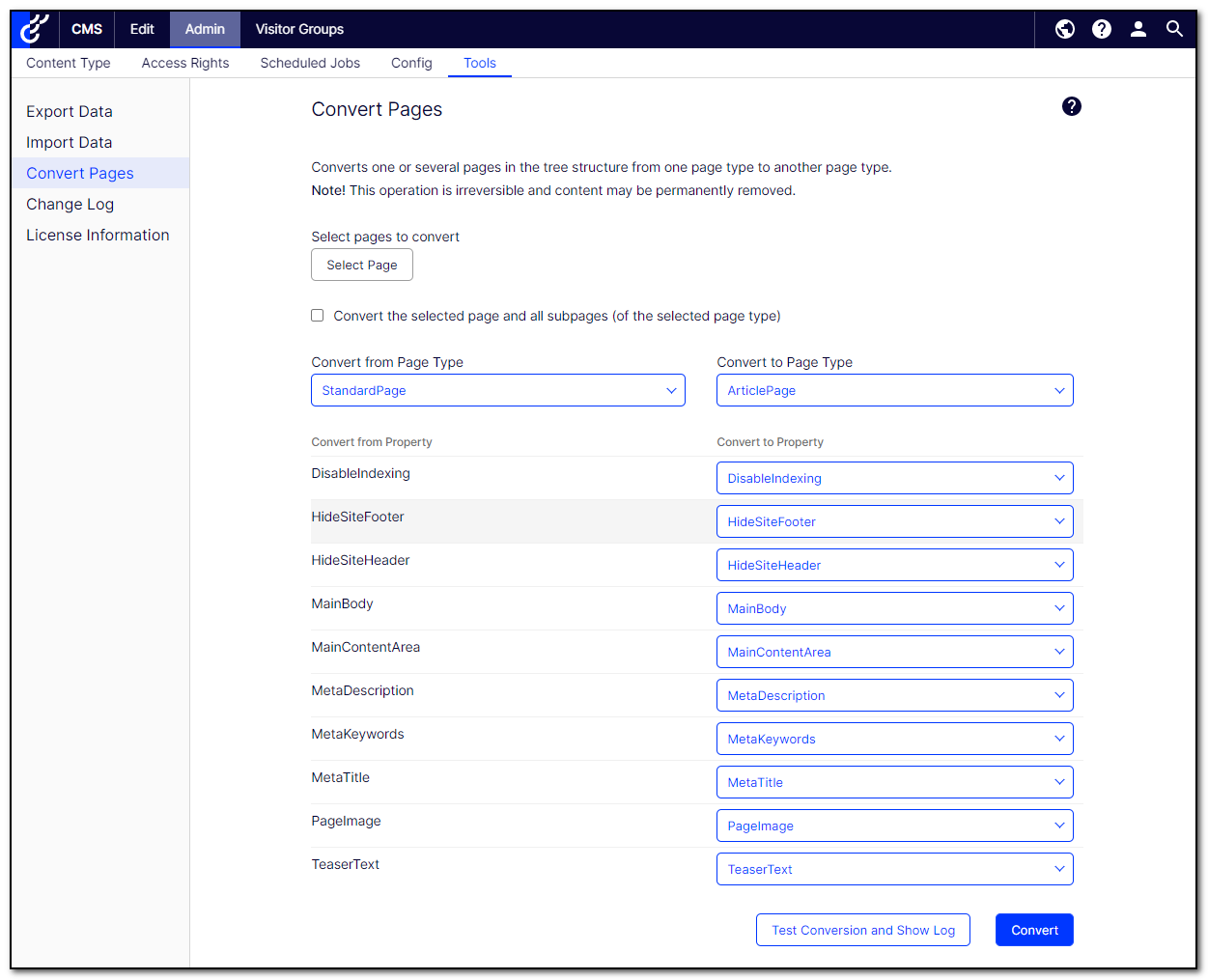 Optimizely admin verktøy for å konvertere sider fra en sidetype til en annen