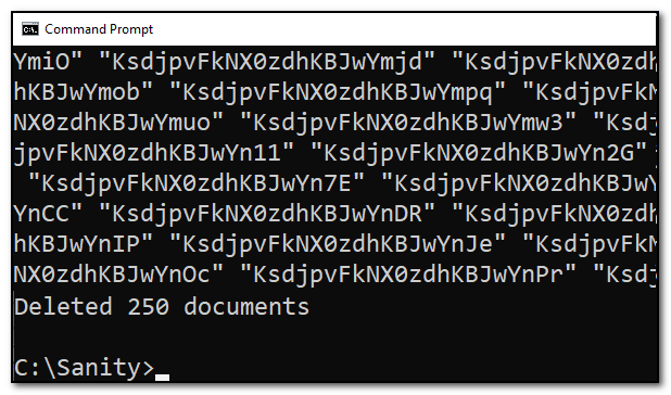 Screenshot of a command prompt window with a message saying that 250 documents were deleted.