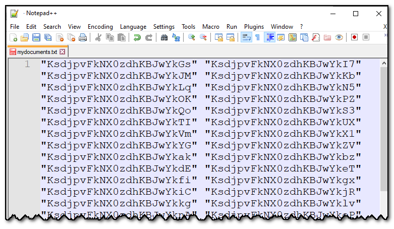 Screenshot from Notepad++ showing a list of document ids