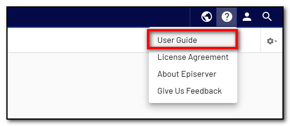 Optimizely CMS brukergrensesnittet med lenke til User Guide.