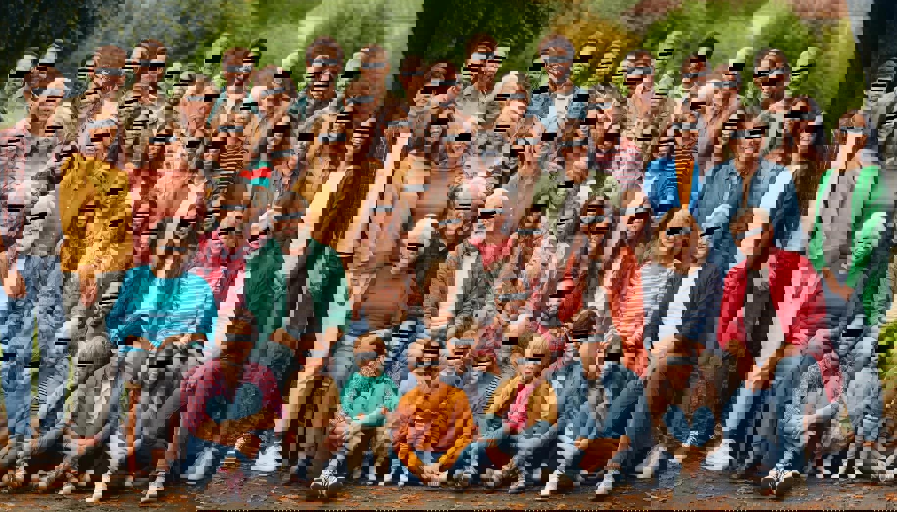 A group of people, each with a black rectangle covering the eye region.