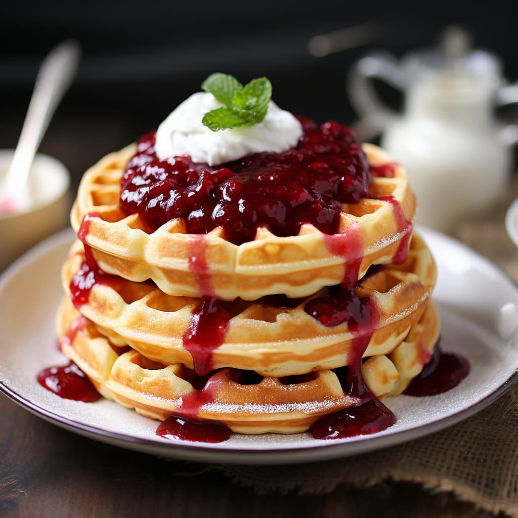A stack of pancakes with whipped cream and raspberries on top