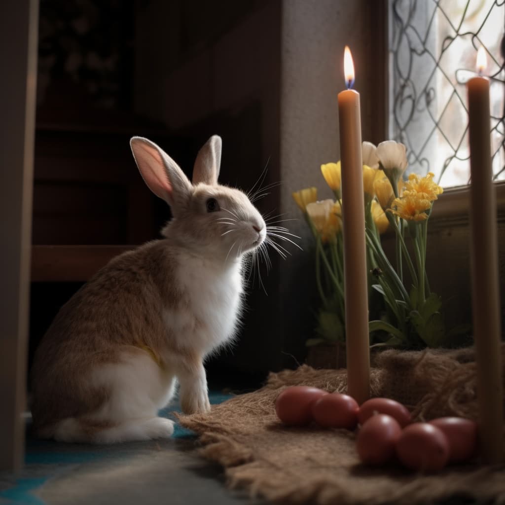 En kanin ved siden av et stearinlys