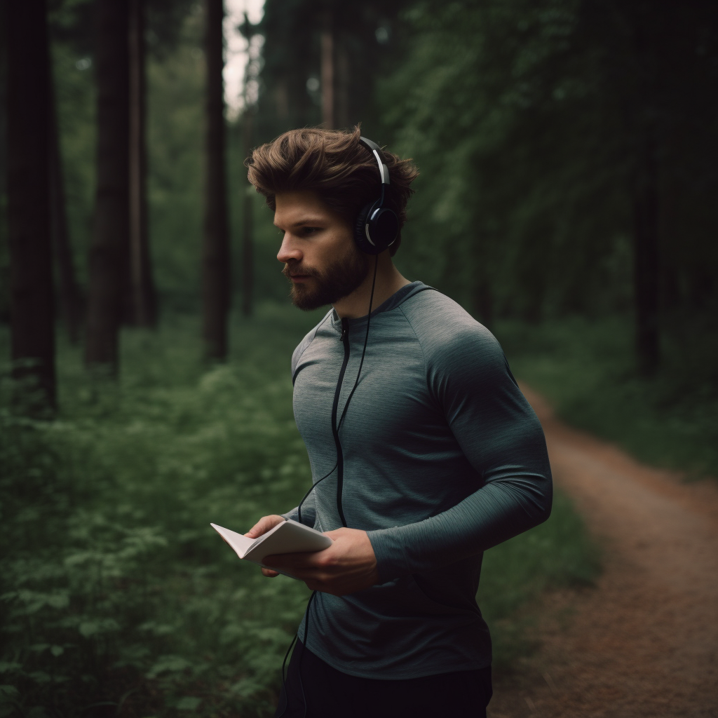 A person wearing headphones and holding a book