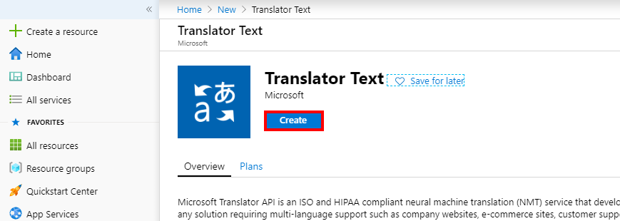 Creating an Translator Text resource in Azure