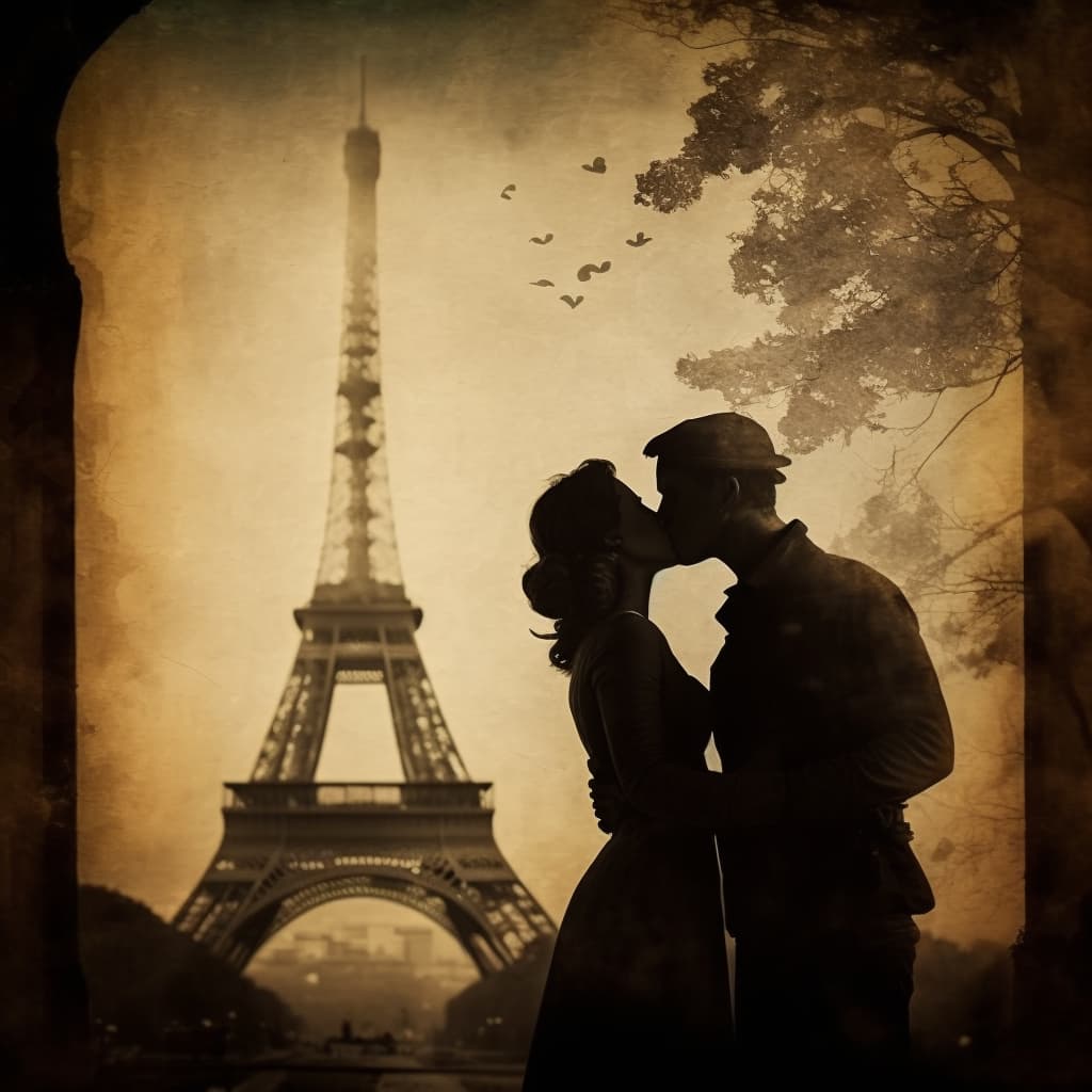 En mann og kvinne som kysser foran Eiffeltårnet