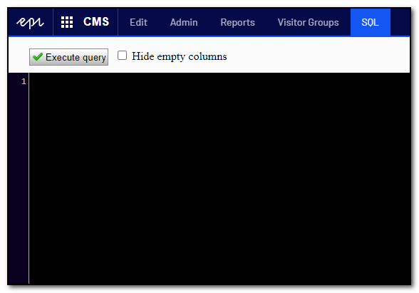 Et skjermbilde av Episever CMS med SQL Studio modulen.