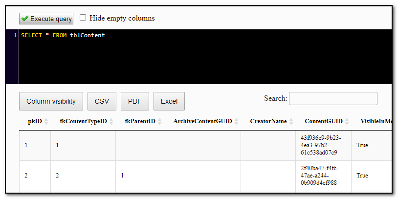 Skjermbilde av SQL Studio modulen med søkeresultat.